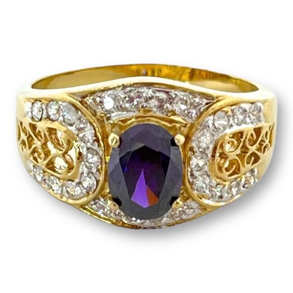 Vintage Ring Size 6 Purple & Clear Cubic Zirconia 18K Gold Plate Mid-Century 14J - Picture 4 of 9